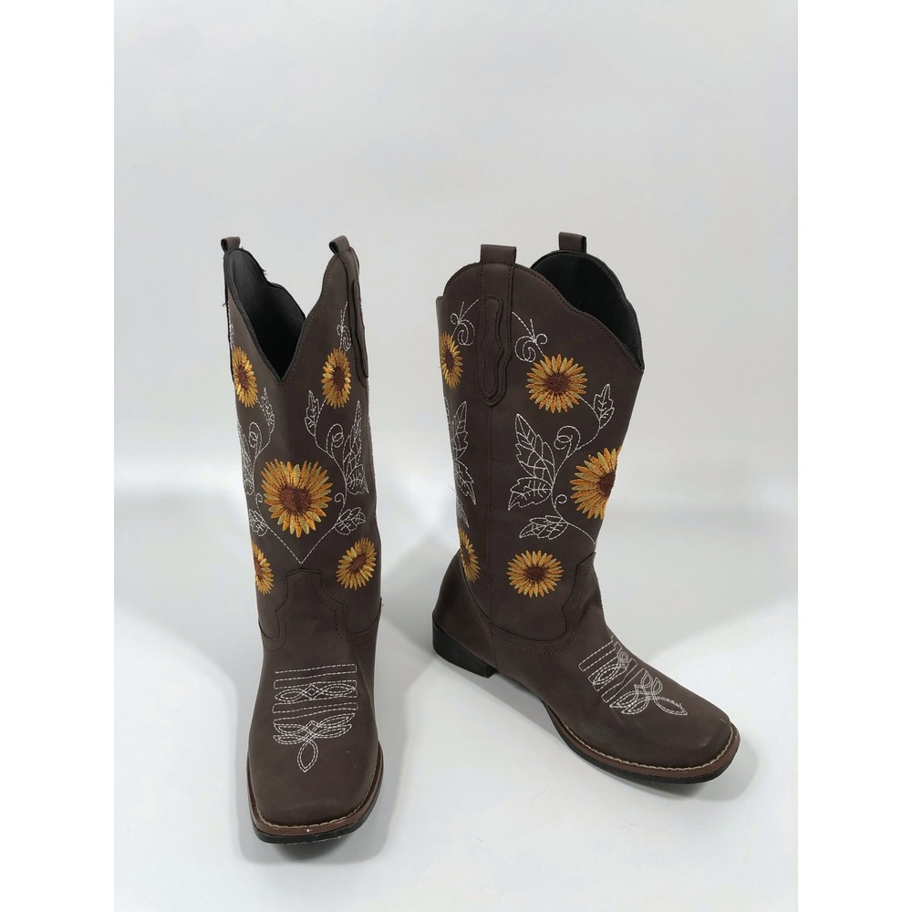 Cowboy Boots Womens 9.5 Brown Mid Height Sunflowers Floral Boho Western Rodeo